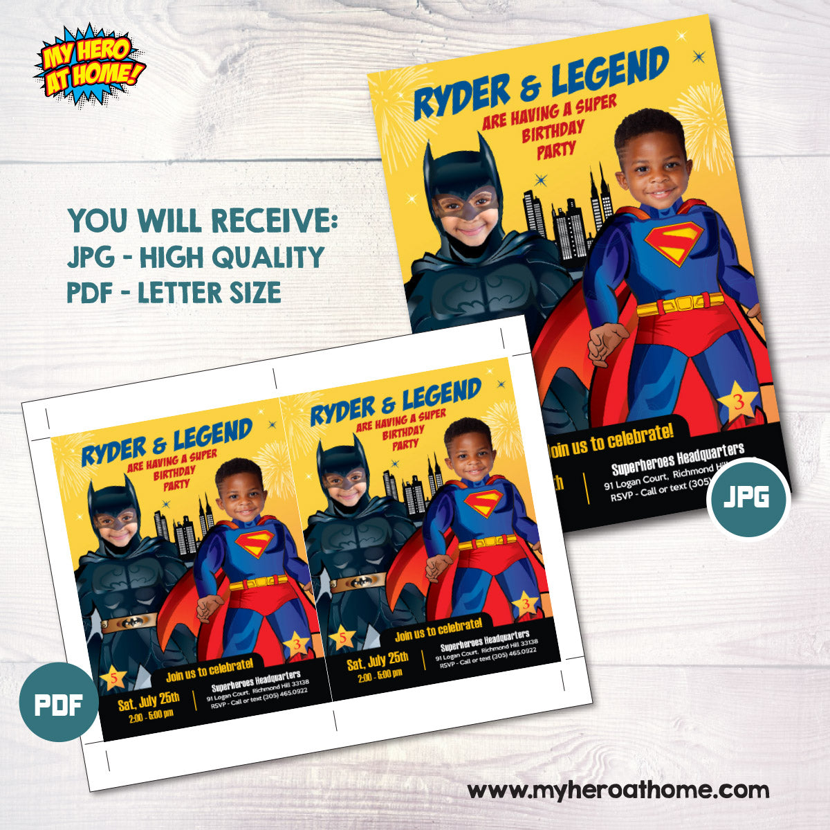 Joint Batman and Superman Party invitation with photos, Superman Batman Party Ideas. 070IN