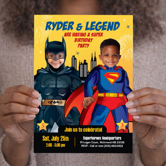 Joint Batman and Superman Party invitation with photos, Superman Batman Party Ideas. 070IN