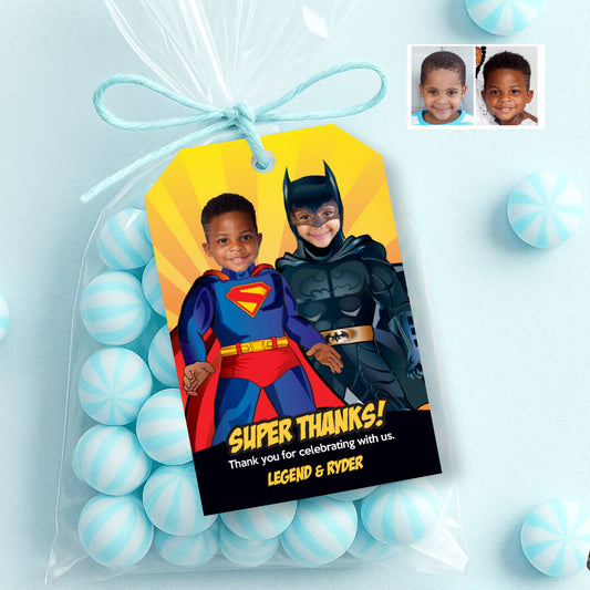 Joint Batman and Superman Thank You and Favor Tags with photos. 070TY