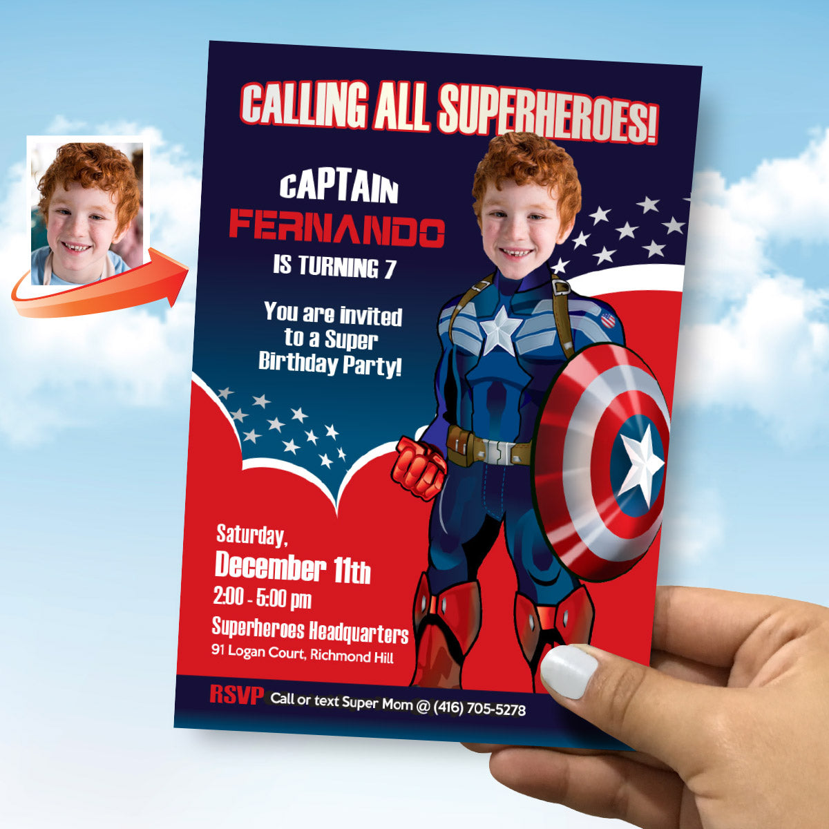 Personalized Captain America Birthday Invitation with your photo (Digital File). 074IN