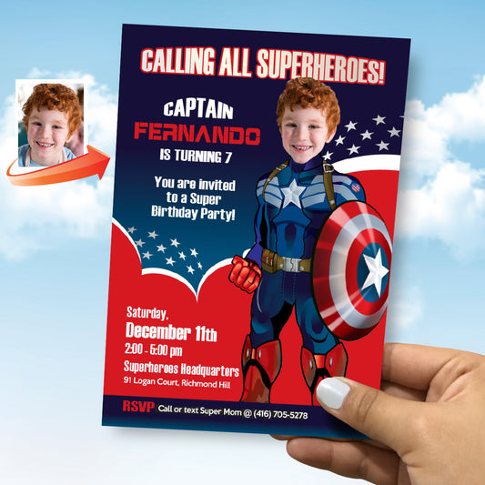 Personalized Captain America Birthday Invitation with your photo (Digital File). 074IN