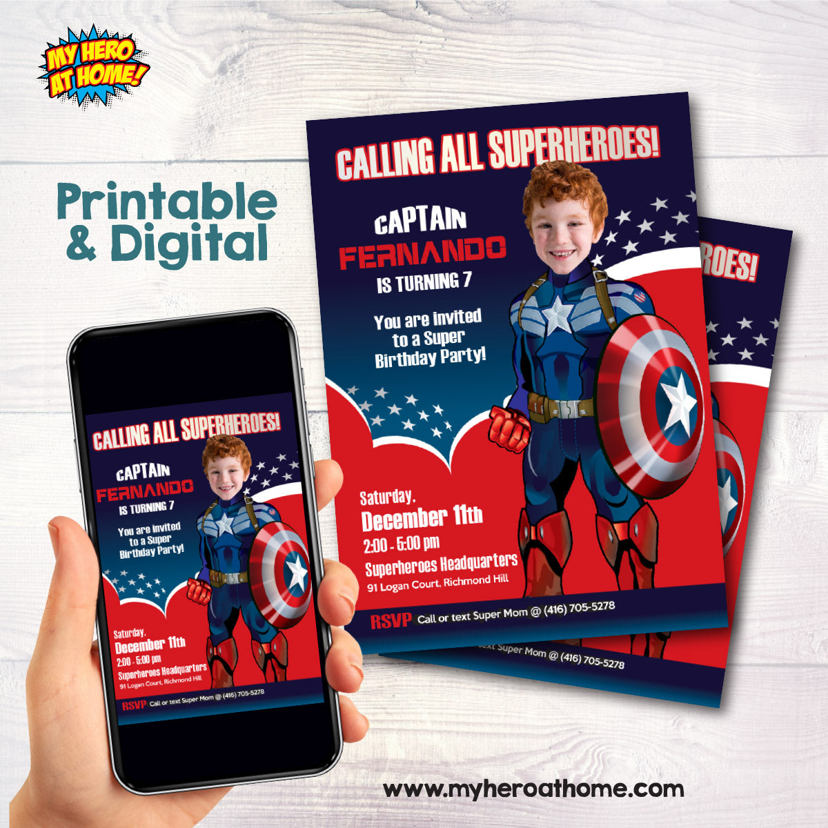 Personalized Captain America Birthday Invitation with your photo (Digital File). 074IN