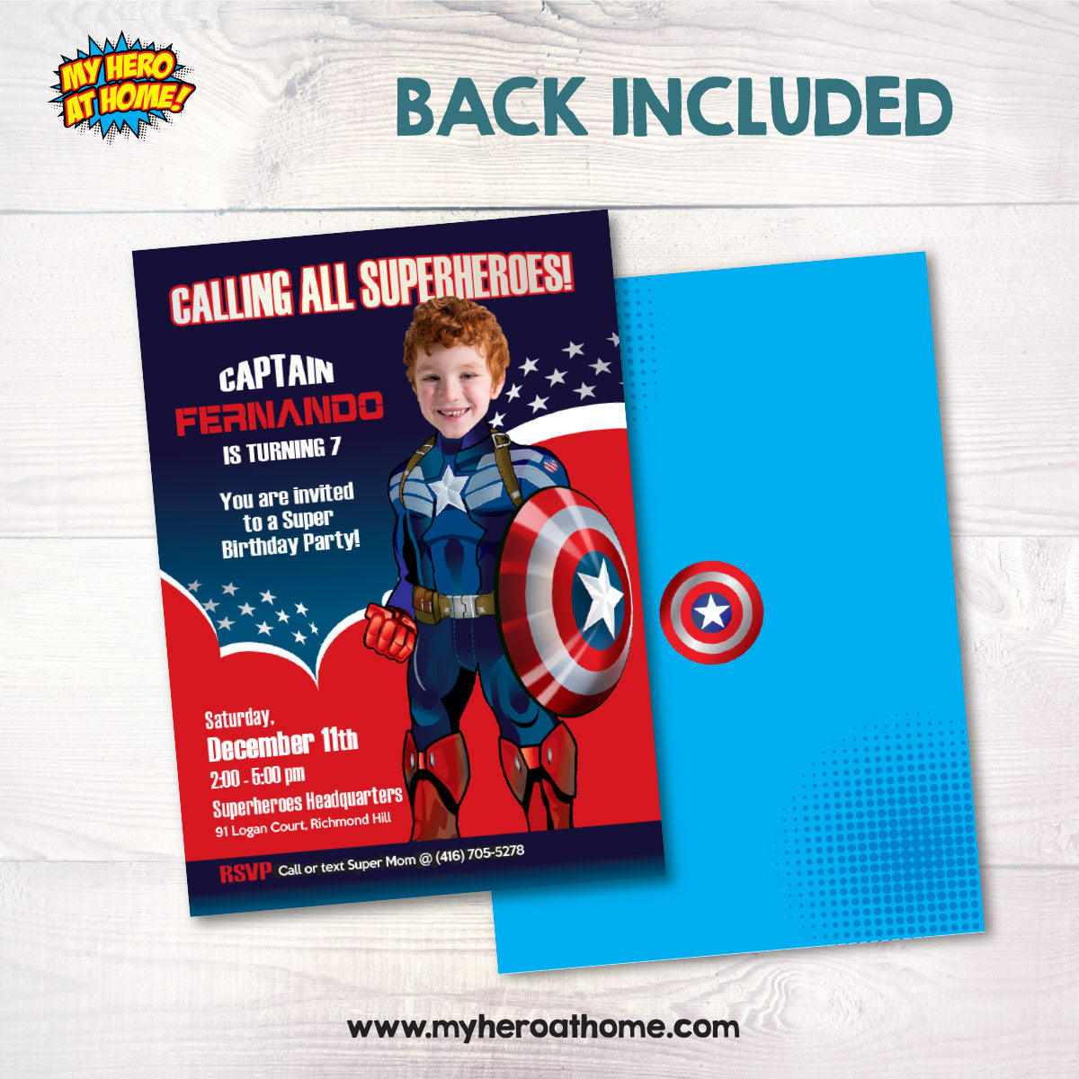 Personalized Captain America Birthday Invitation with your photo (Digital File). 074IN