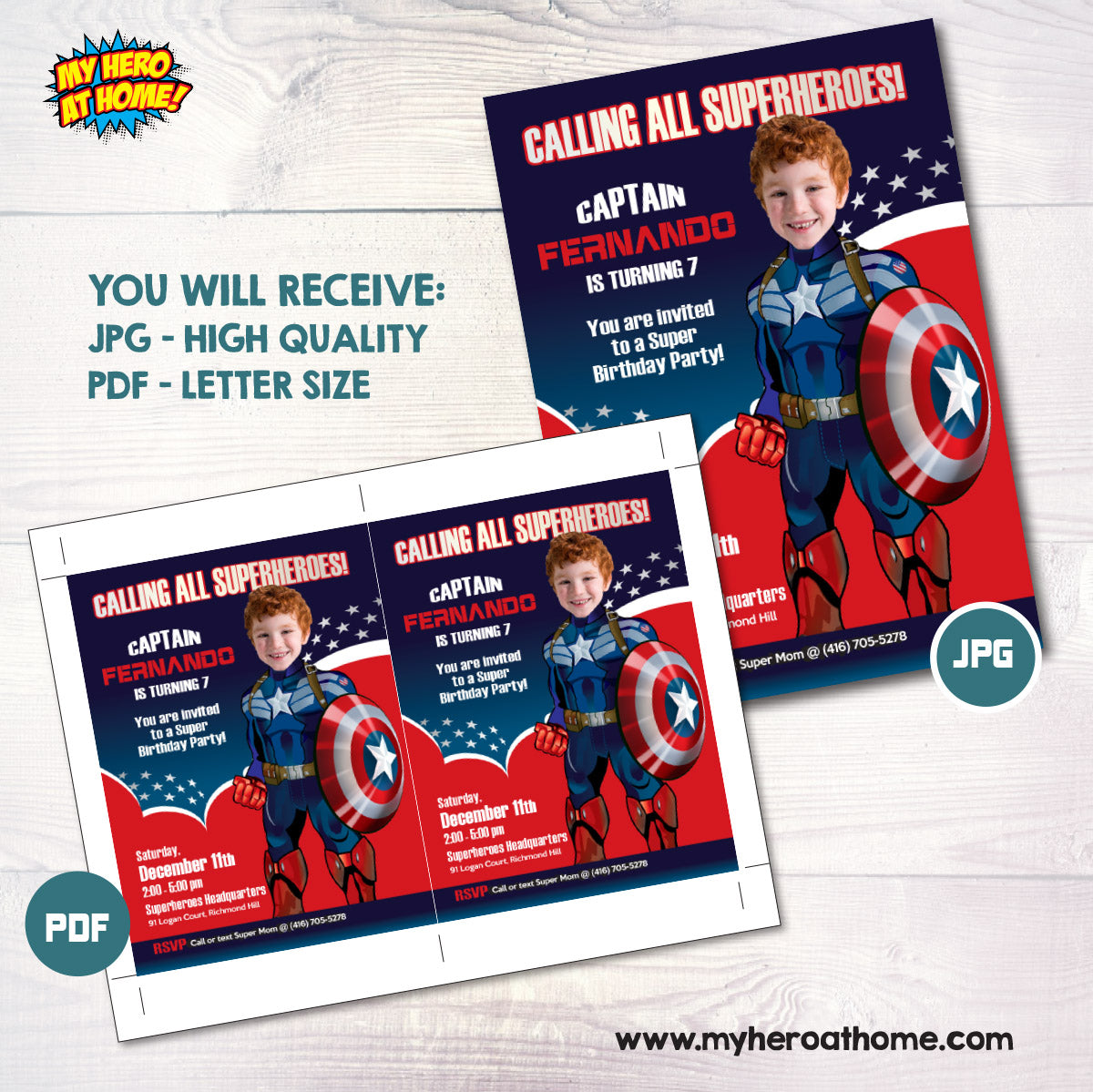 Personalized Captain America Birthday Invitation with your photo (Digital File). 074IN