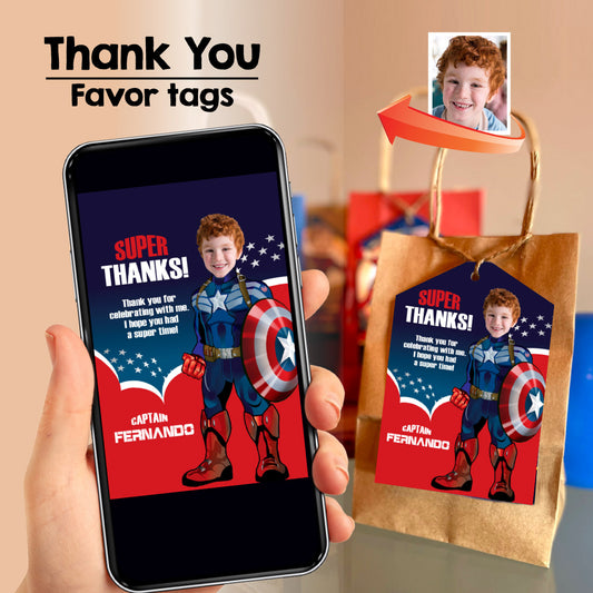Captain America thank you with kid as the Avengers, Personalized Capt America favors tags. 074TY