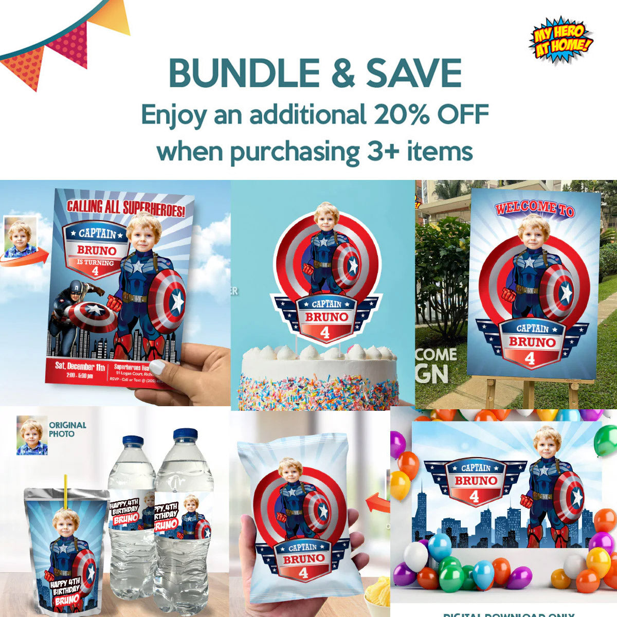 Captain America Birthday Party Bundle: cake topper, welcome, Invitation, thank favor tag. 075B2