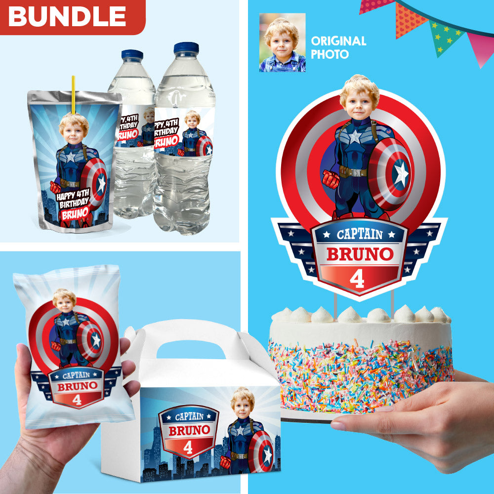 Set of matching items for a Captain America themed table Party with photo. 075B1