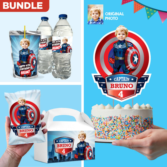 Set of matching items for a Captain America themed table Party with photo. 075B1
