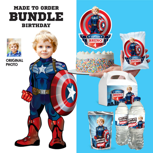 Set of matching items for a Captain America themed table Party with photo. 075B1