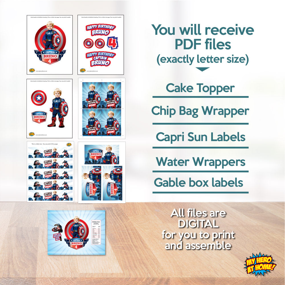 Set of matching items for a Captain America themed table Party with photo. 075B1
