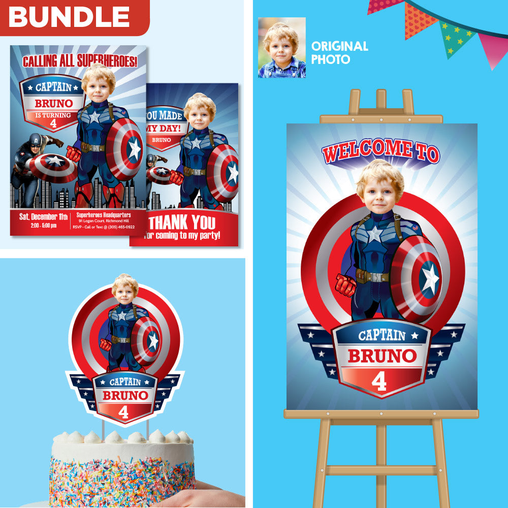 Captain America Birthday Party Bundle: cake topper, welcome, Invitation, thank favor tag. 075B2