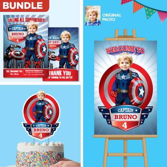 Captain America themed-birthday Party Bundle: cake topper, welcome, Invitation, thank you favor tag. 075B2