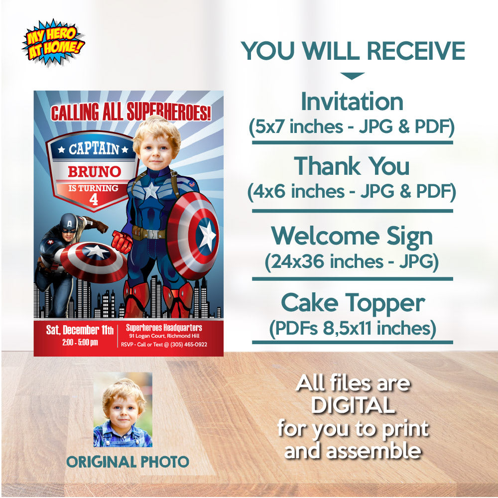 Captain America Birthday Party Bundle: cake topper, welcome, Invitation, thank favor tag. 075B2