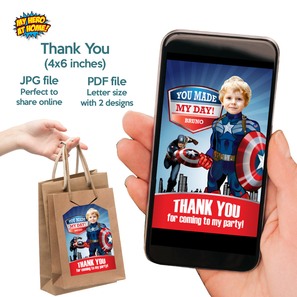 Captain America Birthday Party Bundle: cake topper, welcome, Invitation, thank favor tag. 075B2