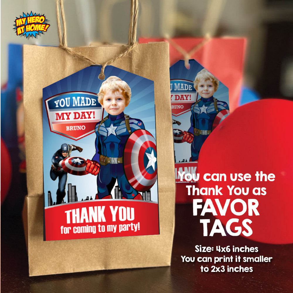 Captain America Birthday Party Bundle: cake topper, welcome, Invitation, thank favor tag. 075B2