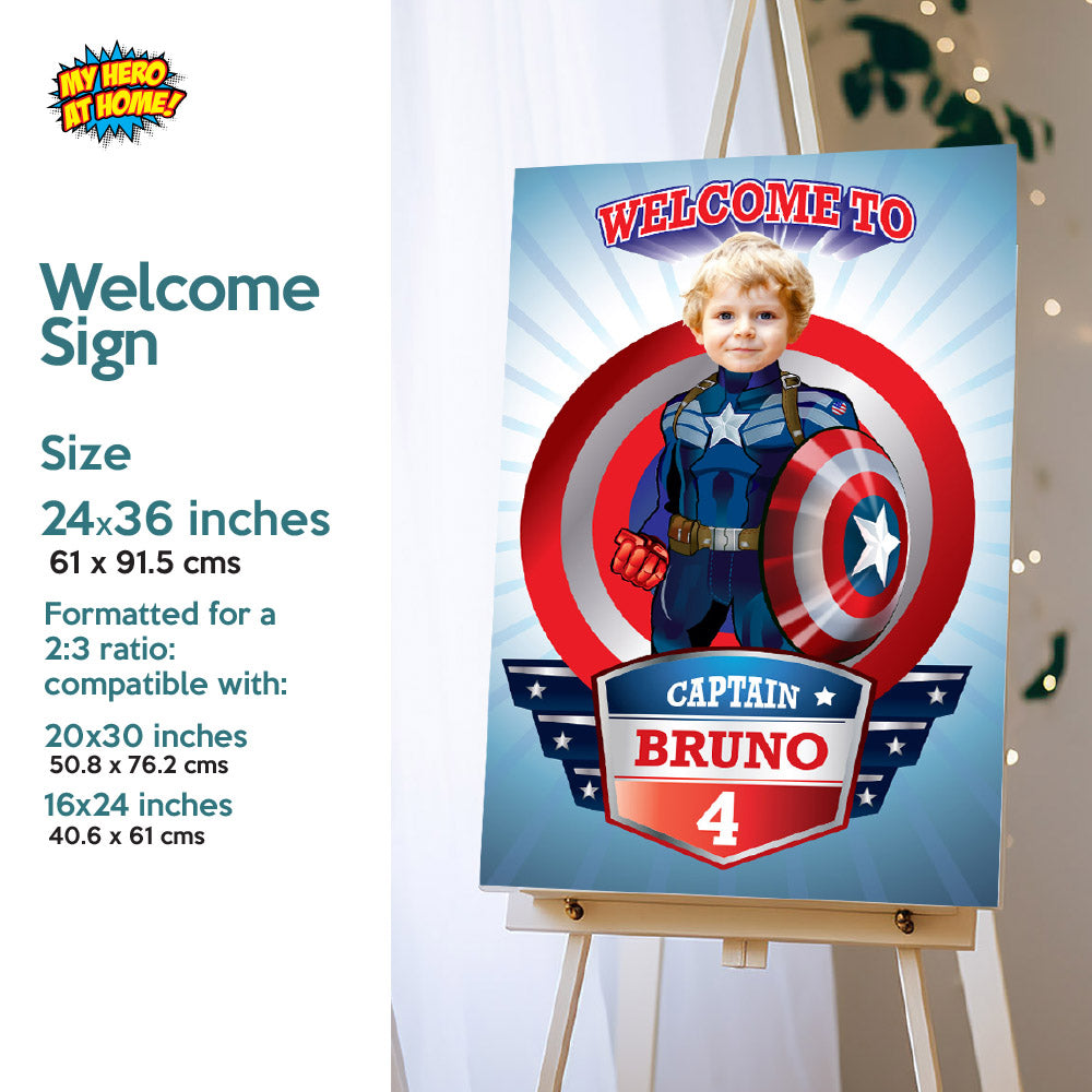 Captain America Birthday Party Bundle: cake topper, welcome, Invitation, thank favor tag. 075B2