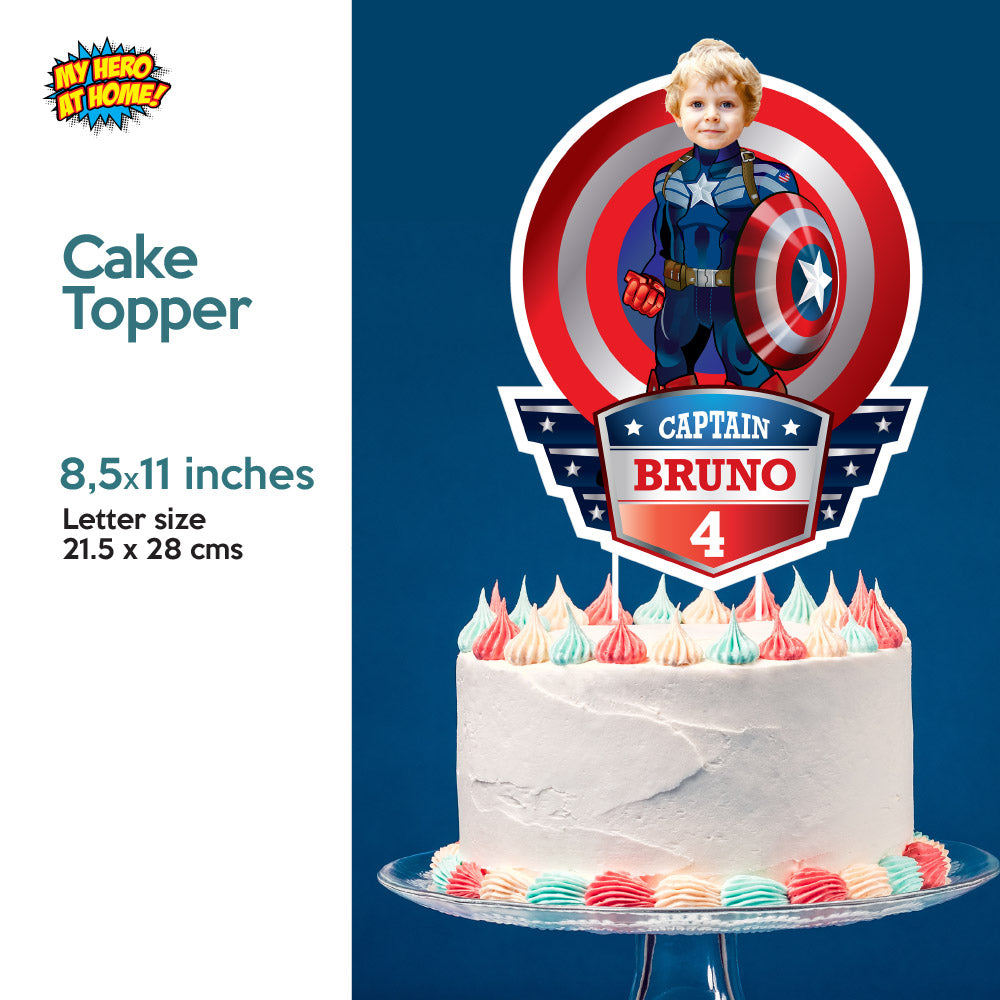 Captain America Birthday Party Bundle: cake topper, welcome, Invitation, thank favor tag. 075B2