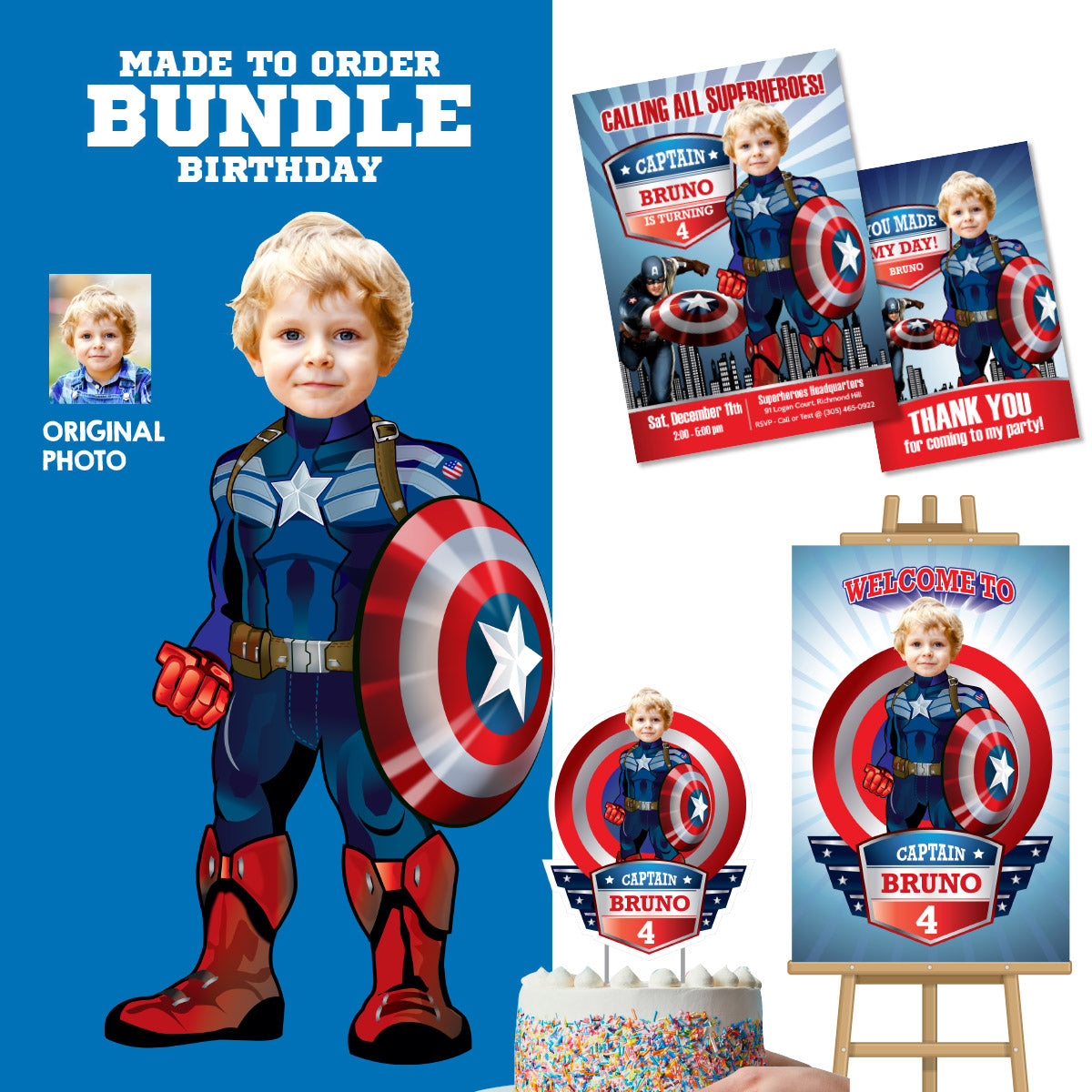 Captain America Birthday Party Bundle: cake topper, welcome, Invitation, thank favor tag. 075B2