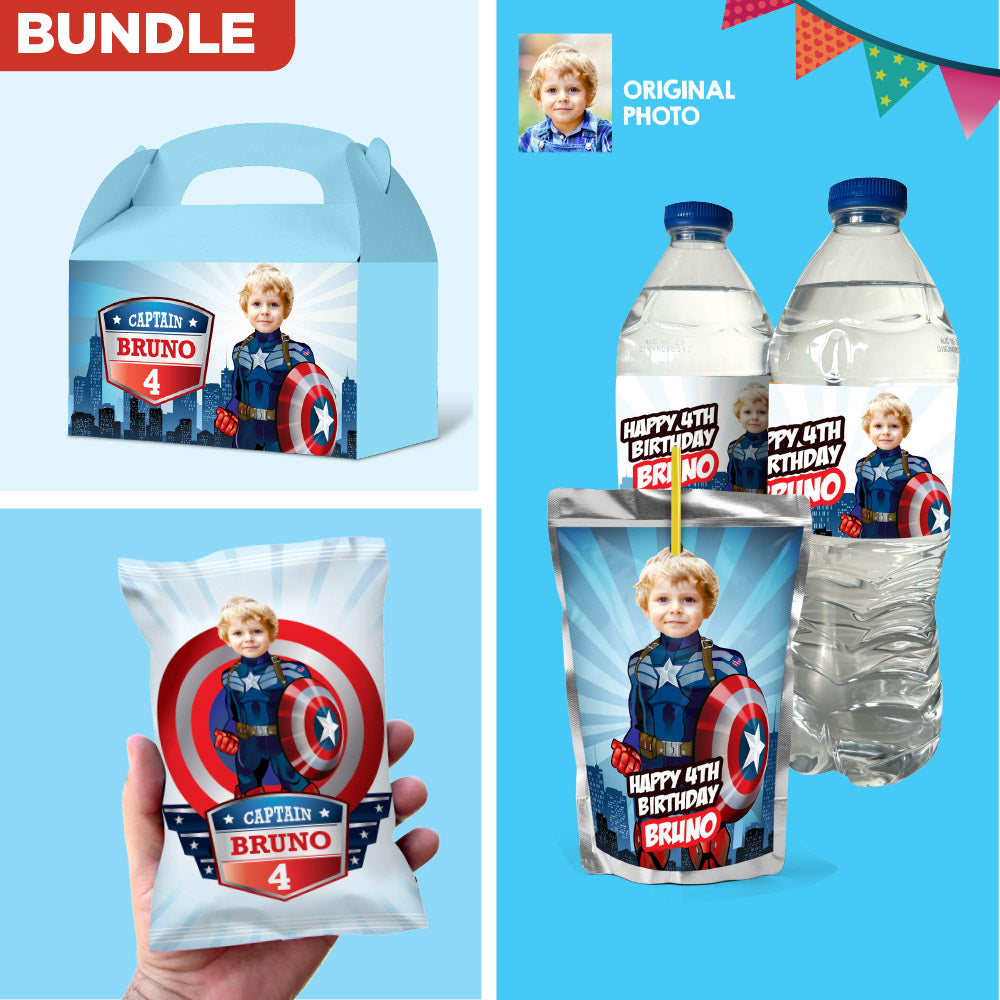 Set of matching snacks labels for a Captain America theme Party with photo. 075B3