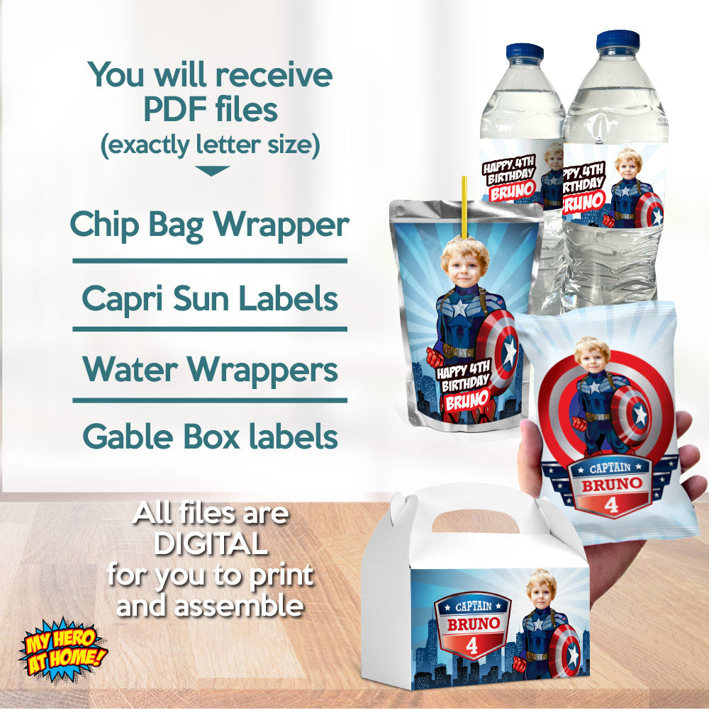 Set of matching snacks labels for a Captain America theme Party with photo. 075B3