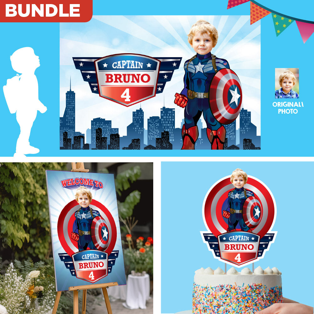 Captain America party decor bundle with boy as the star (Backdrop, welcome, cake). 075B4