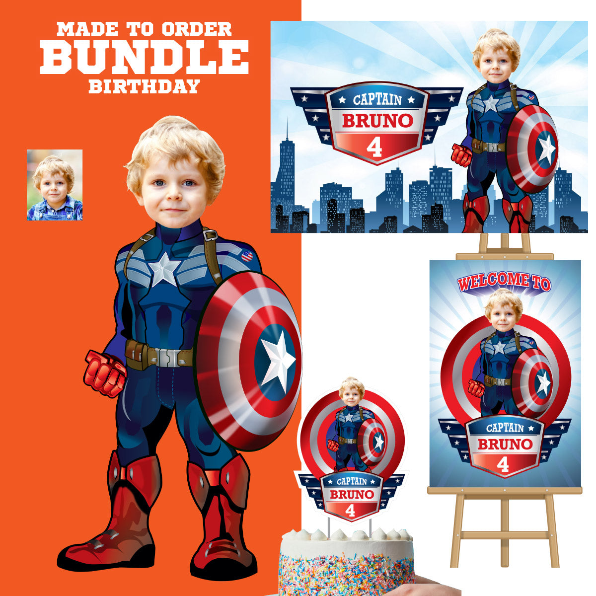 Captain America party decor bundle with boy as the star (Backdrop, welcome, cake). 075B4
