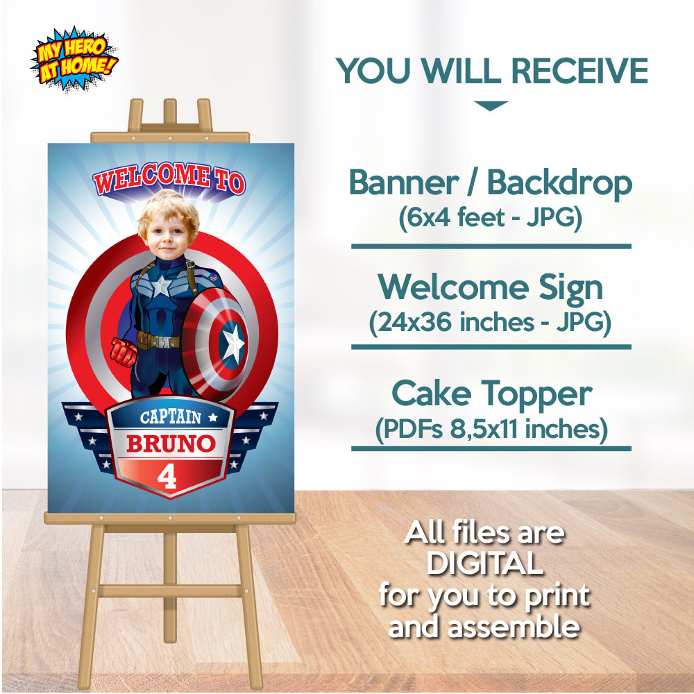 Captain America party decor bundle with boy as the star (Backdrop, welcome, cake). 075B4