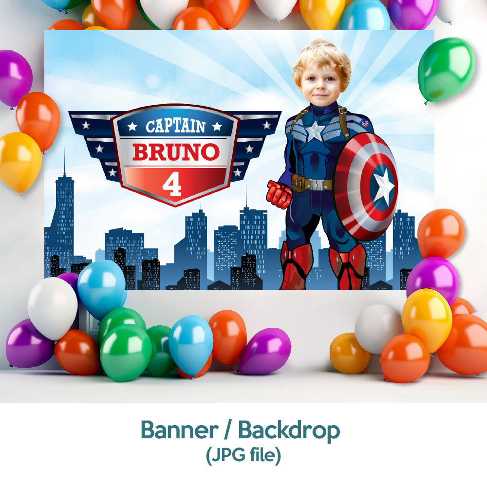 Captain America party decor bundle with boy as the star (Backdrop, welcome, cake). 075B4