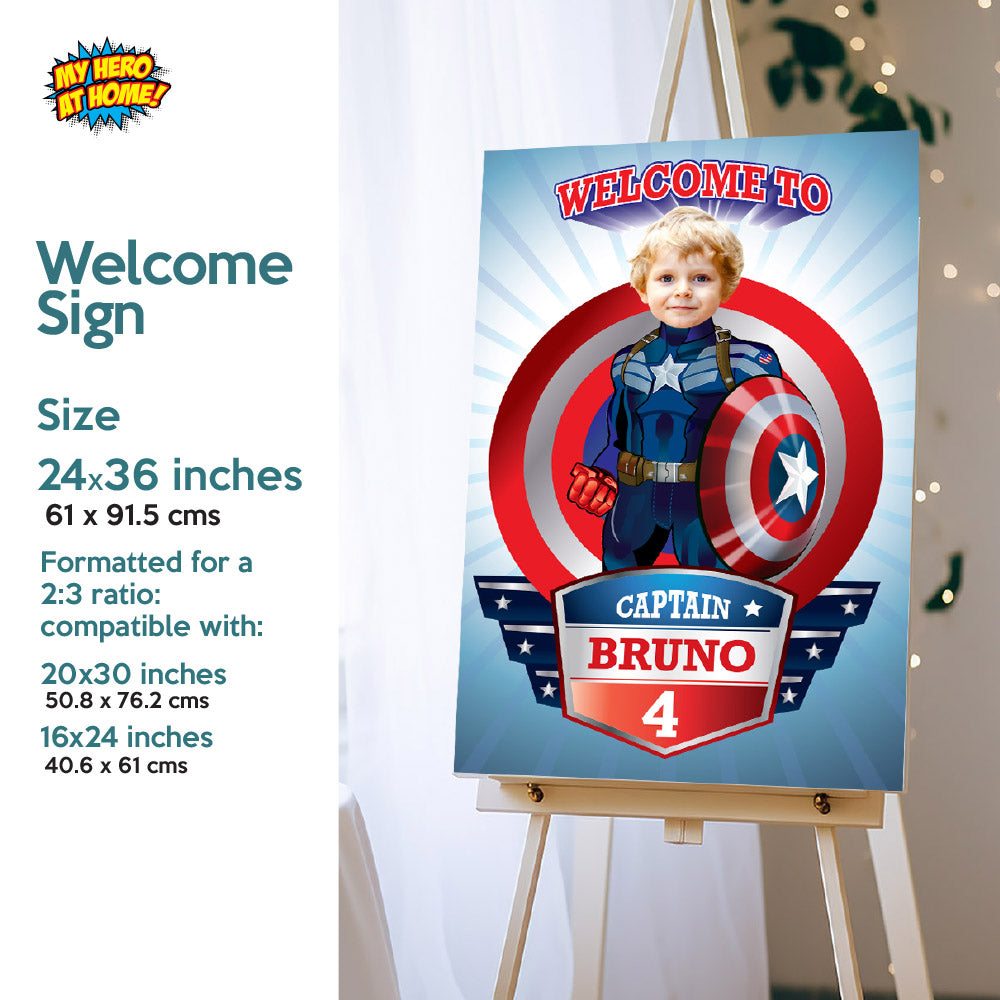 Captain America party decor bundle with boy as the star (Backdrop, welcome, cake). 075B4