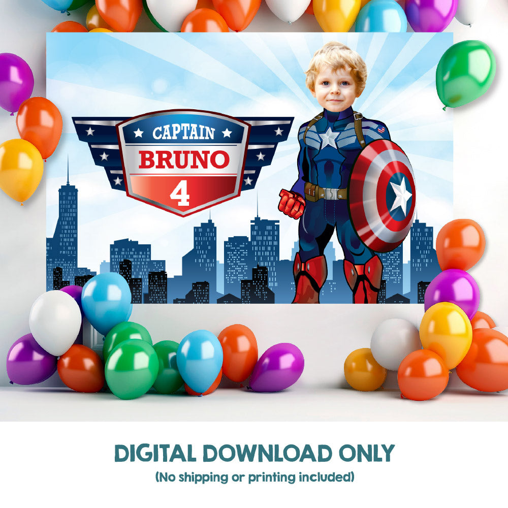 Custom Captain America Birthday Backdrop with photo, Capt America party banner decoration. 075BB