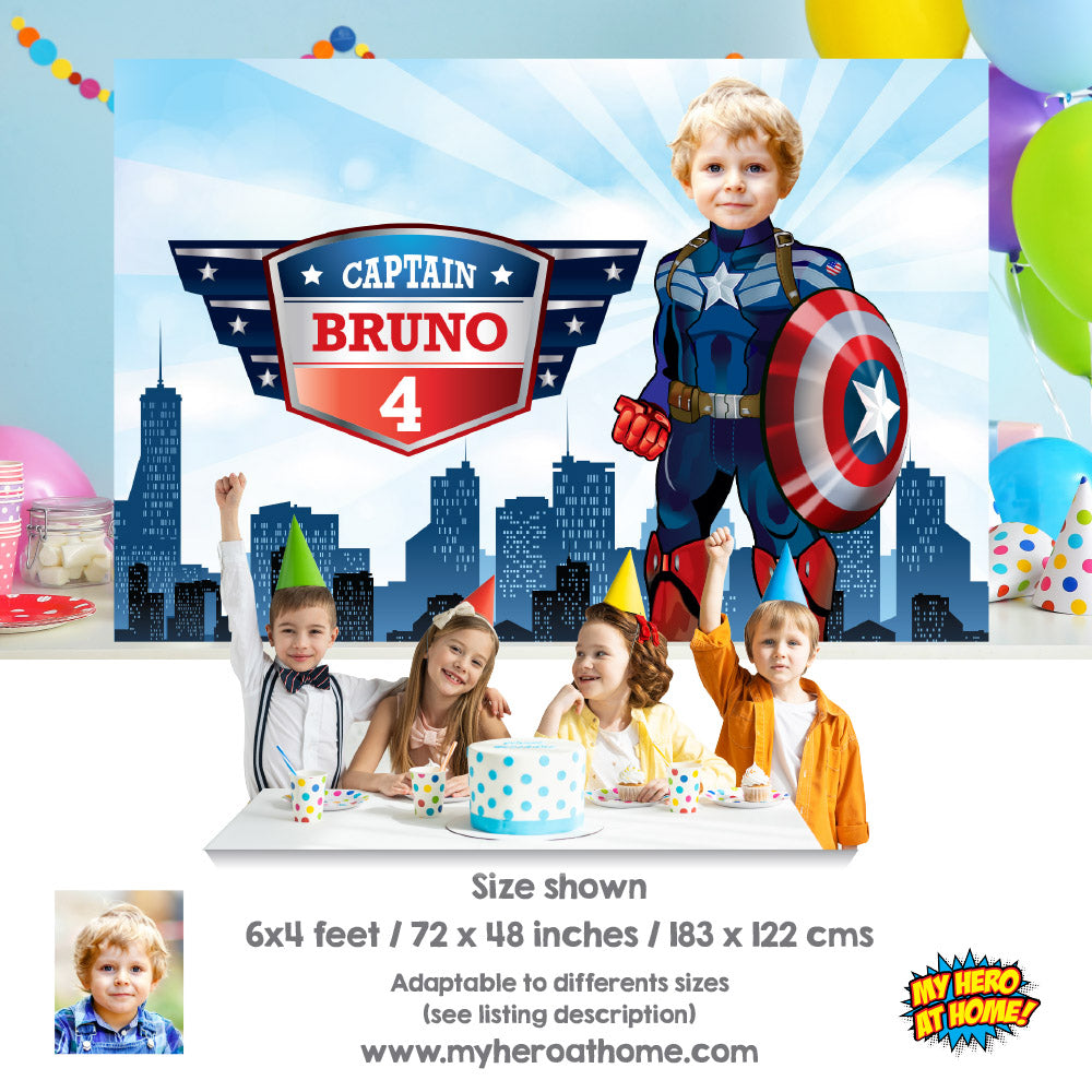 Custom Captain America Birthday Backdrop with photo, Capt America party banner decoration. 075BB