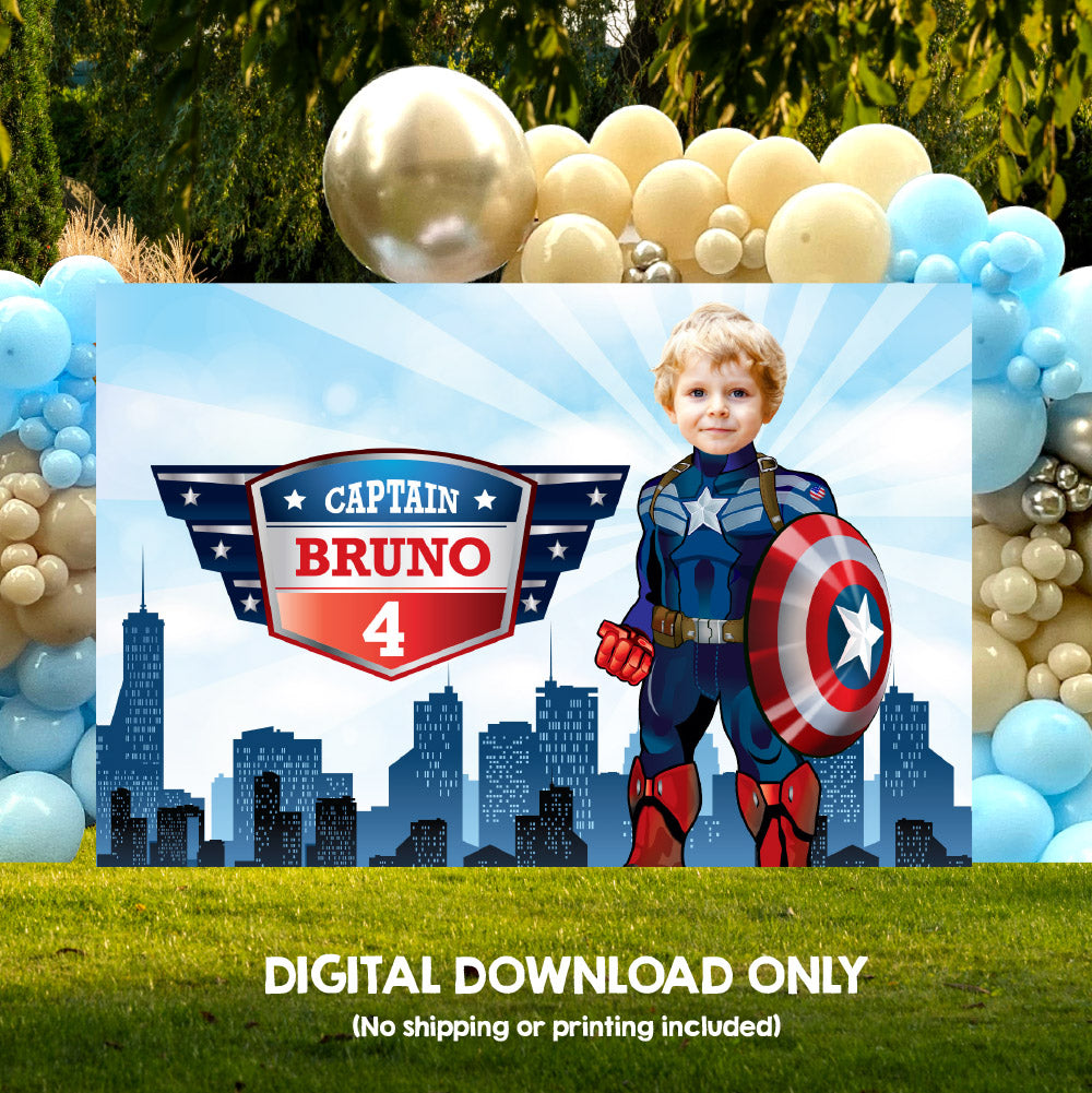 Custom Captain America Birthday Backdrop with photo, Capt America party banner decoration. 075BB