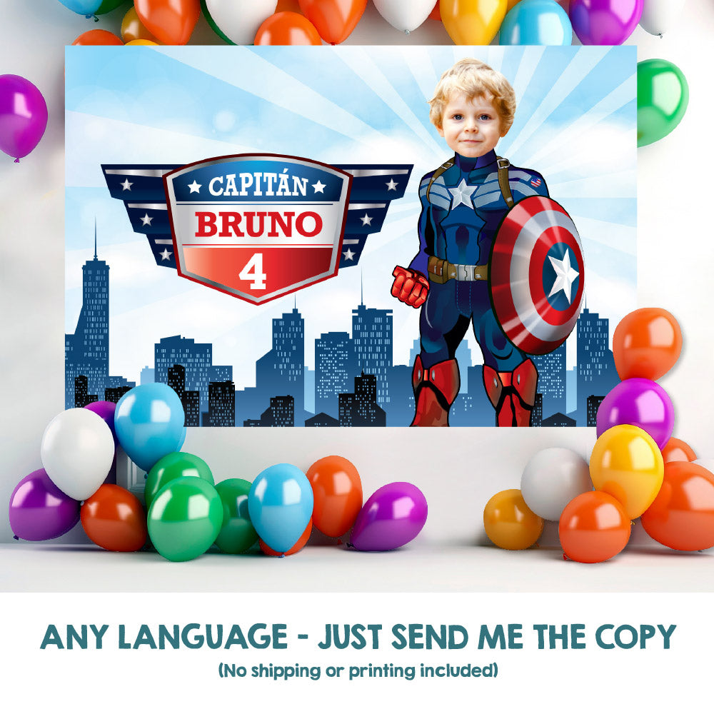 Custom Captain America Birthday Backdrop with photo, Capt America party banner decoration. 075BB