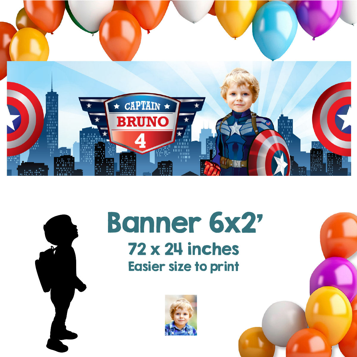 Captain America Horizontal Banner featuring child as the main superhero (landscape, horizontal). 075BBH