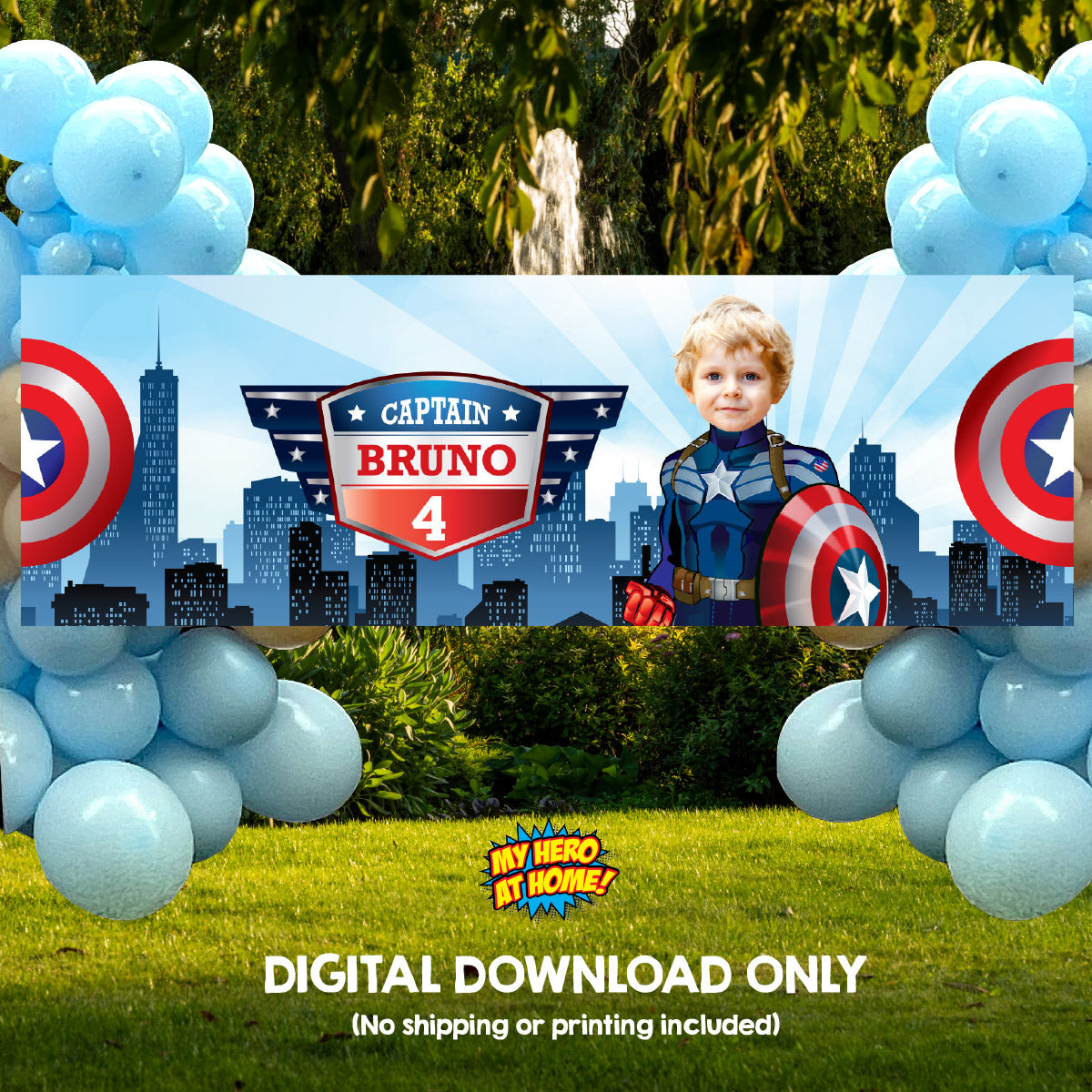 Captain America Horizontal Banner featuring child as the main superhero (landscape, horizontal). 075BBH