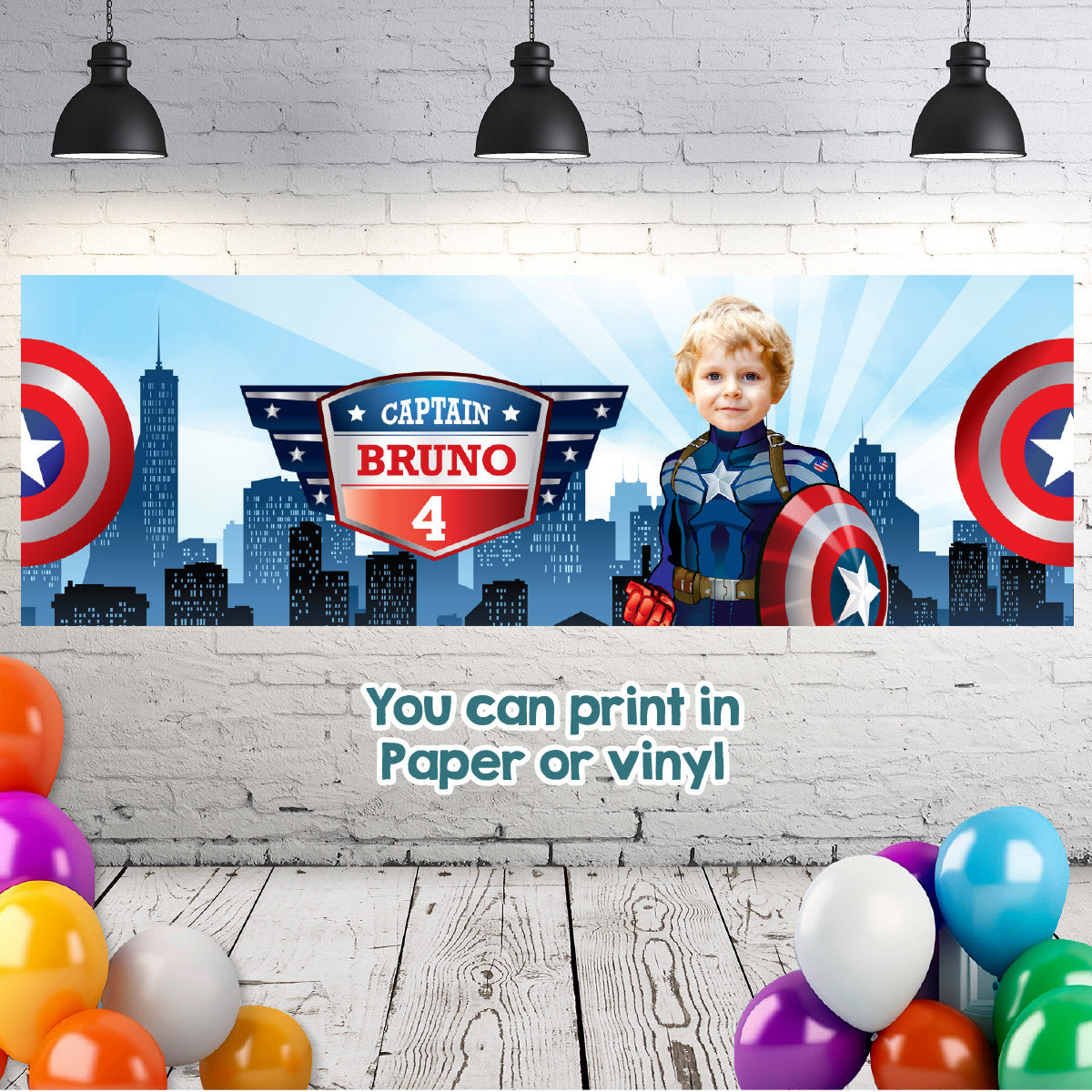 Captain America Horizontal Banner featuring child as the main superhero (landscape, horizontal). 075BBH