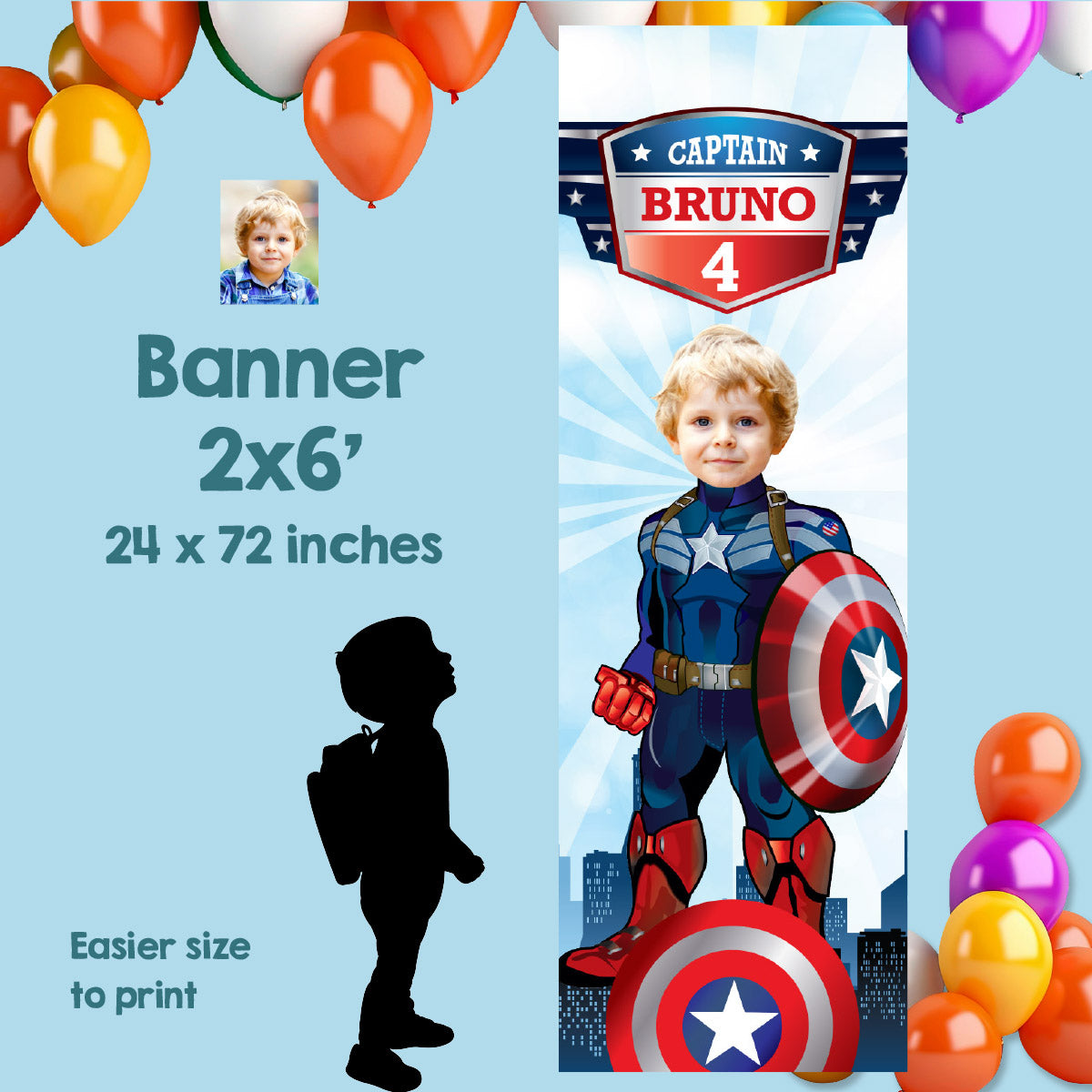 Custom Captain America Birthday Party Banner with child as the star (2x6', Portrait). 075BBV