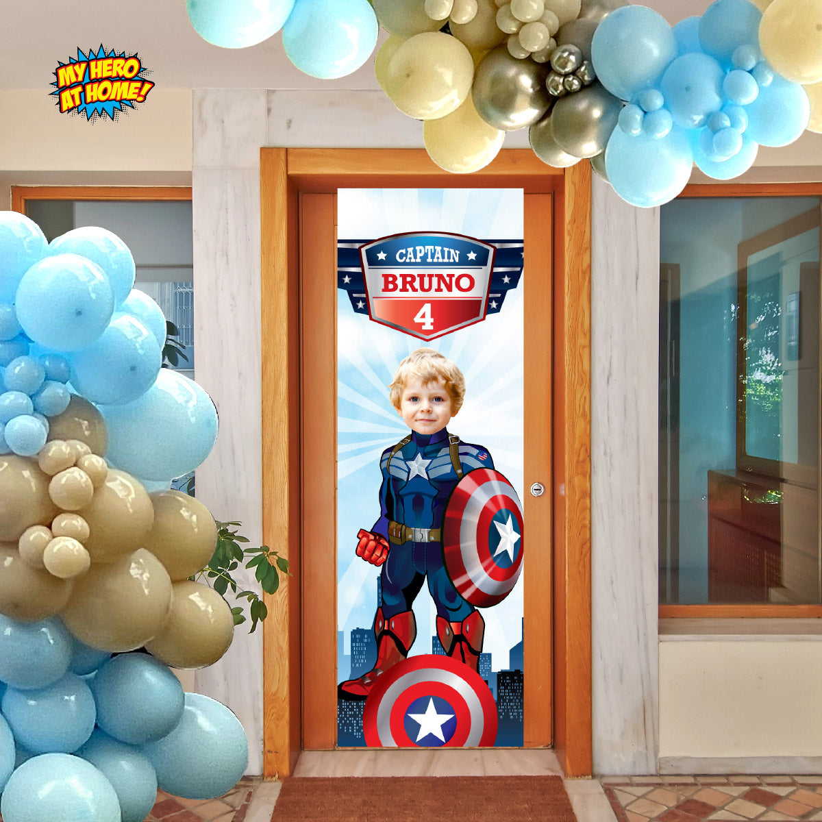 Custom Captain America Birthday Party Banner with child as the star (2x6', Portrait). 075BBV