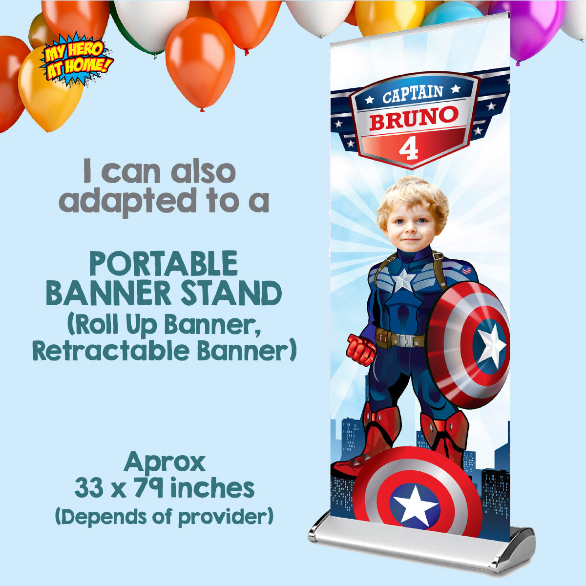 Custom Captain America Birthday Party Banner with child as the star (2x6', Portrait). 075BBV