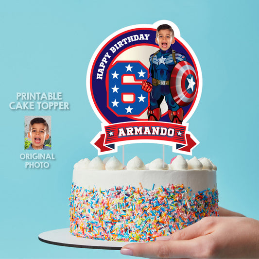 Personalized Captain America Cake topper with your kid as the Avenger, Printable Superhero birthday cake. 075BCT