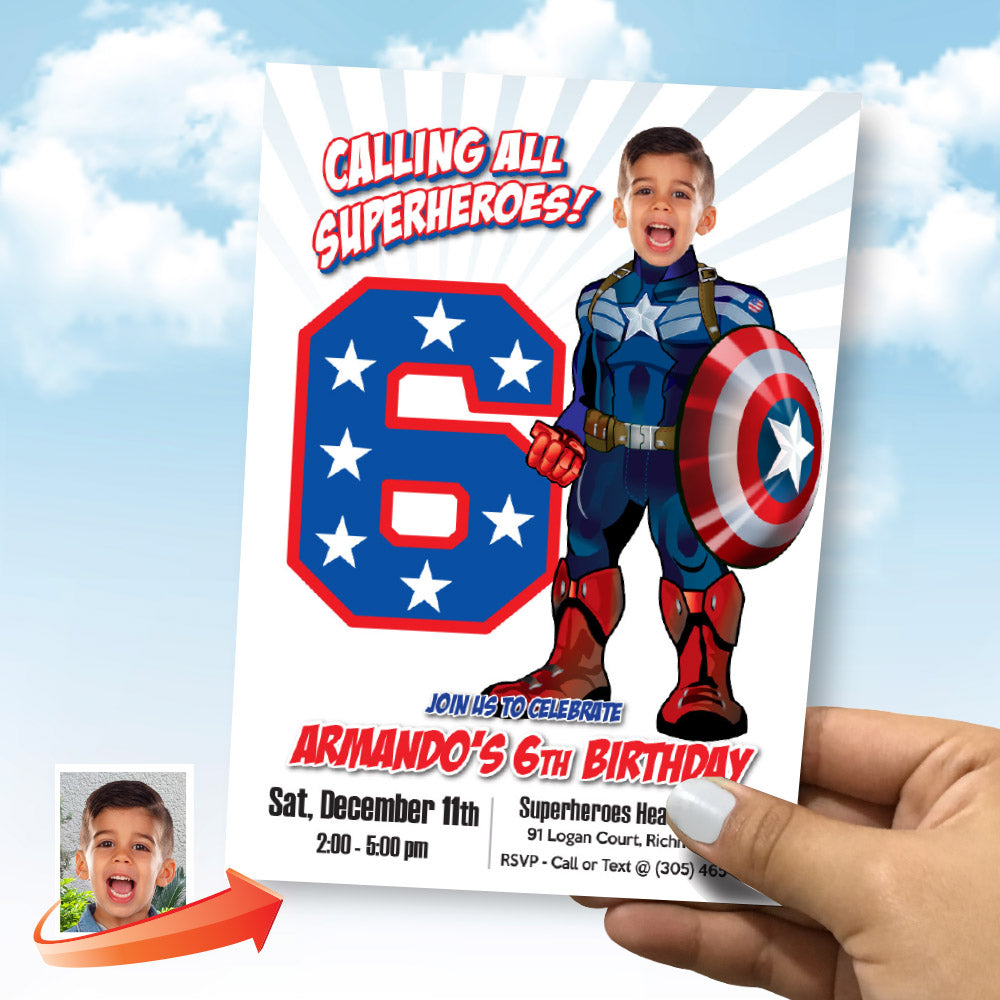 Custom Captain America party Invitation with birthday kid as the star superhero. 075BIN