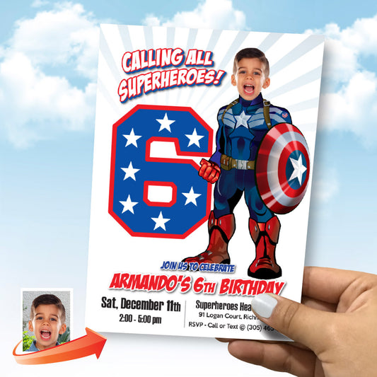 Custom Captain America party Invitation with birthday kid as the star superhero. 075BIN