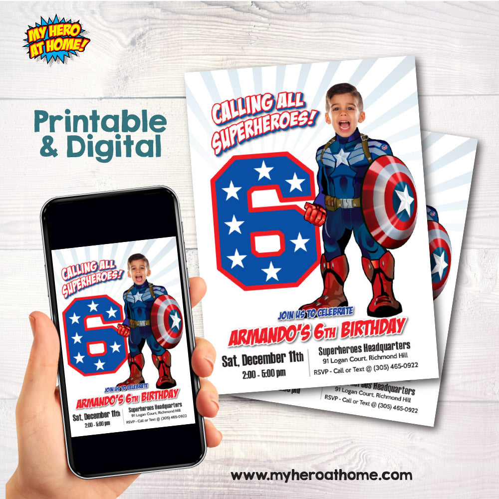 Custom Captain America party Invitation with birthday kid as the star superhero. 075BIN