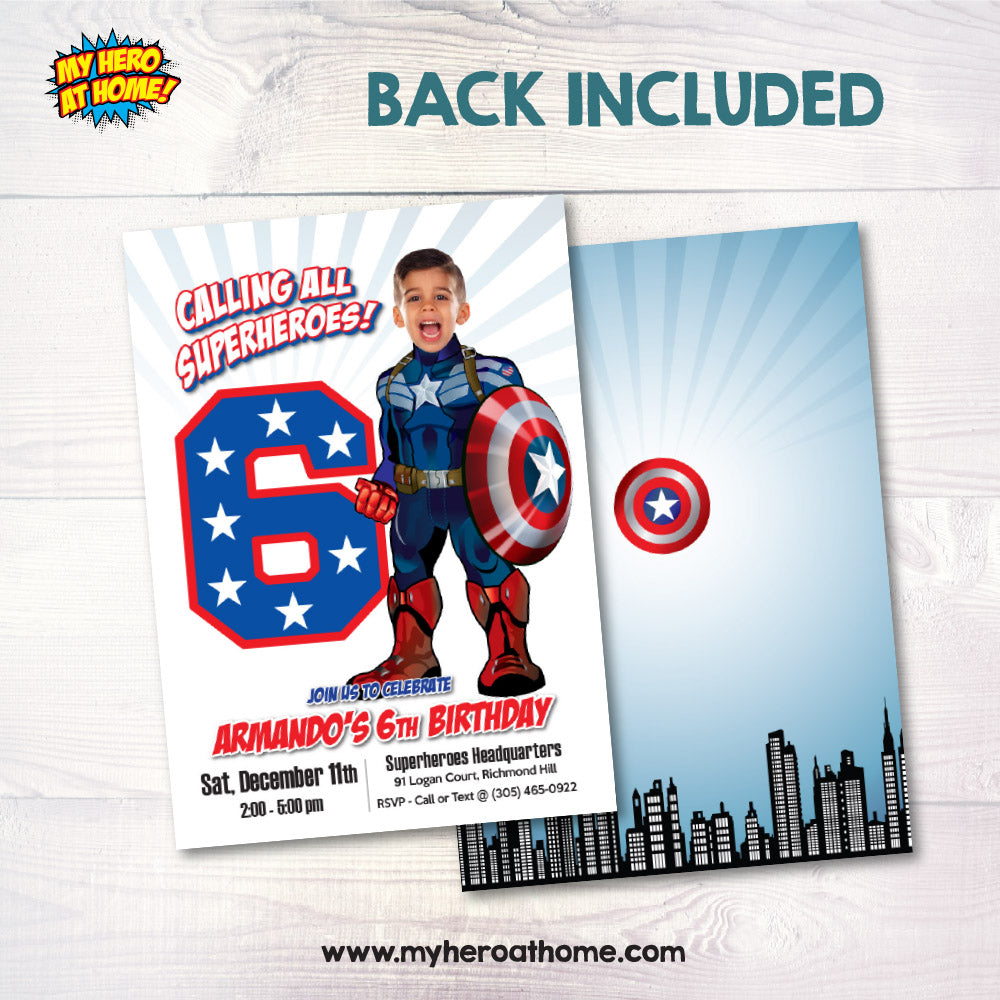 Custom Captain America party Invitation with birthday kid as the star superhero. 075BIN