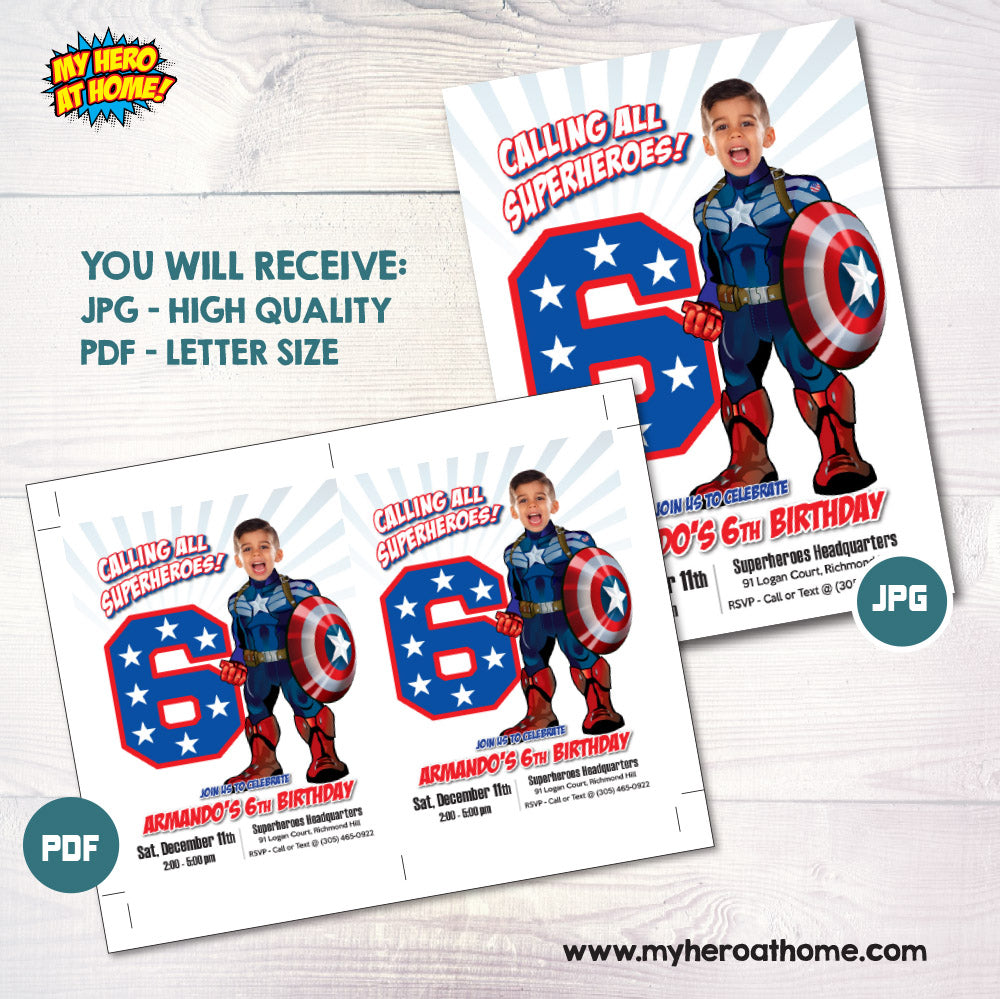 Custom Captain America party Invitation with birthday kid as the star superhero. 075BIN
