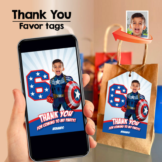 Personalized Capt America thank you with your photo, Captain America favors tags. 075BTY