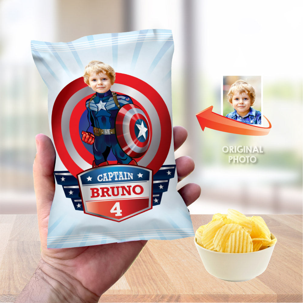 Set of matching snacks labels for a Captain America theme Party with photo. 075B3