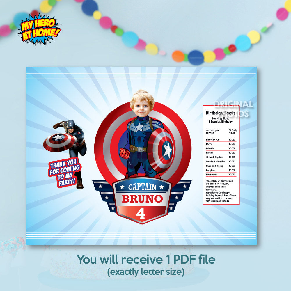 Set of matching snacks labels for a Captain America theme Party with photo. 075B3