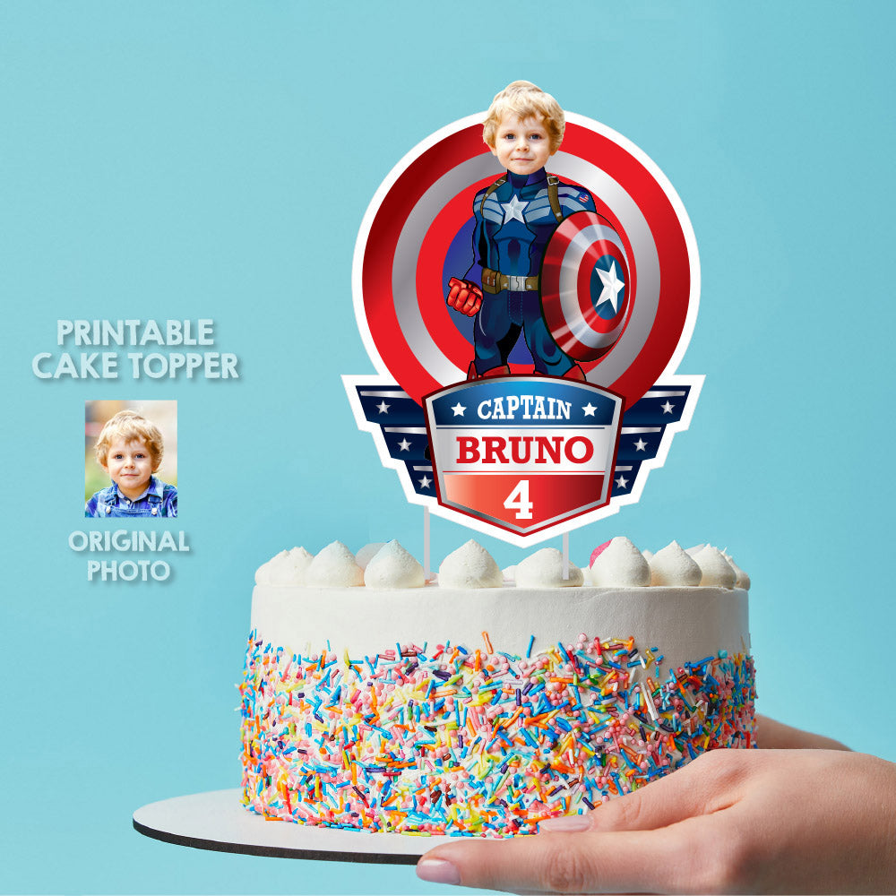Customized Captain America Cake topper with your kid as his favorite Avenger. 075CT