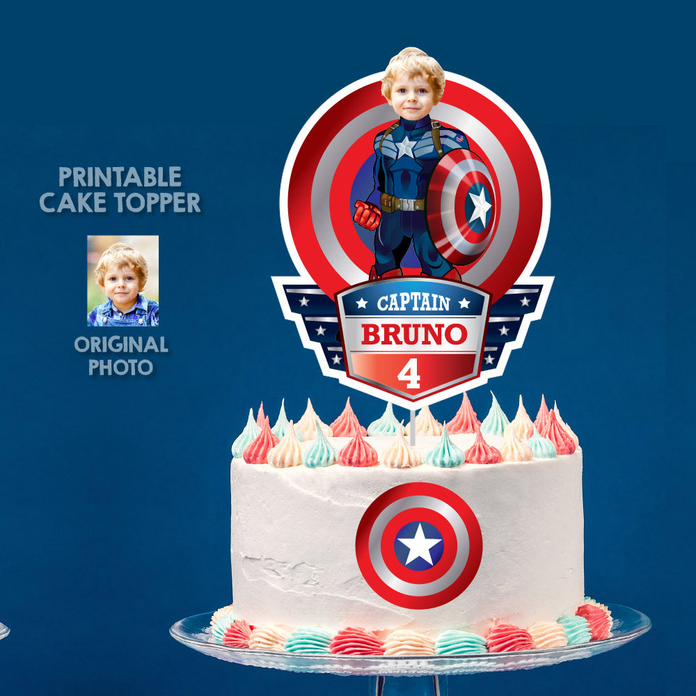 Customized Captain America Cake topper with your kid as his favorite Avenger. 075CT